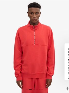 Colorful Standard Men's Red Zip-Neck Pullover Sweater/ Organic Cotton